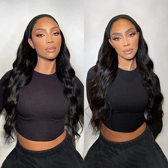 SAPPHIREWIGS Glueless Headband Wig Loose Body Wavy Synthetic Hair Wigs for Black Women Wave None Lace Front Wigs Natural Black Color Machine Made Wigs 150% Density 26inch