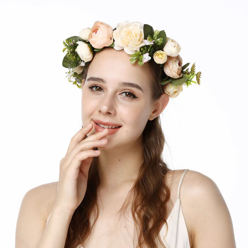 YnimioAOX Handmade Adjustable Flower Wreath Headband Halo Floral Crown Garland Headpiece,N5-champagne