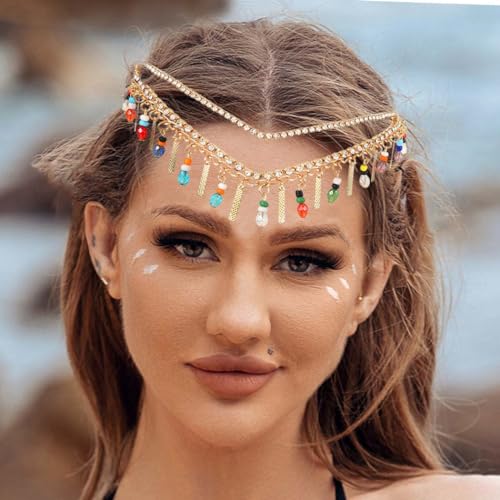 Catery Gold Bridal Headband Goddess Headbands Tassel Rhinestone Hairband Bead Bridal Headdress Headpiece Wedding Hair Accessories for Women and Girls… (A-Beaded)