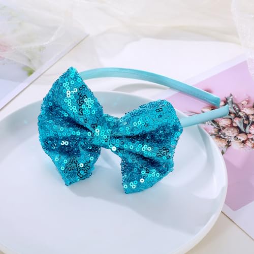 Kiszu Sparkly Sequin Hair Bow Headbands Fashion Glitter Cute Boutique Ribbon Bows for Girls, Kids, and Women (Peacock Green)