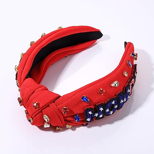 4 th of July Headband for Women American Flag Star Beaded Knotted Headband Headpiece Fourth of July Hairband USA Patriotic Red White and Blue Crystal Jeweled Embellished Headband Boho Wide Top Knot Twisted Hairband Hair Accessories Gift (patriotic headban