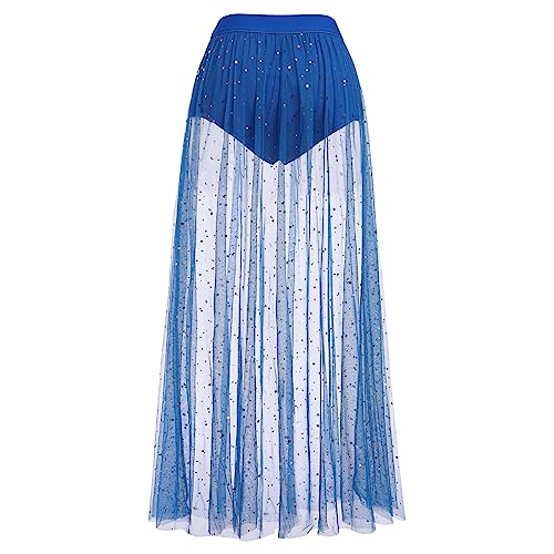 Women's Sheer Mesh 2 in 1 Glitter Sequin Elasticized High Waist A Line Party Maxi Skirt Sparkle Galaxy Sequin Tulle Cover ups Festival Outfits Costume Royal Blue S