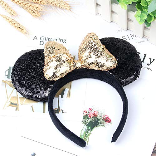 A Miaow 3D Black Mouse Sequin Ears Headband MM Glitter Butterfly Hair Clasp Park Supply Adults Women Photo Accessory (Black and Golden)