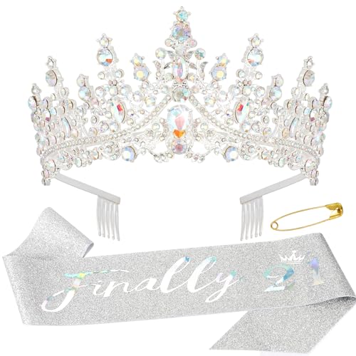 Canitor 21st Birthday Sash and Tiara Set 21st Sparkling Birthday Crown Dazzling Birthday Sash 21st Birthday Decorations 21st Birthday Gifts for Her AB Silver