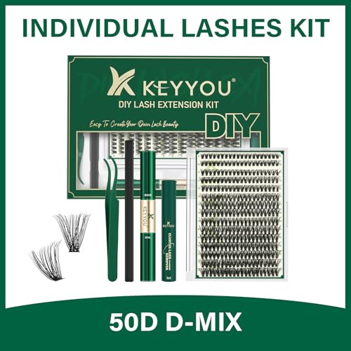 Lash Clusters 300pcs Individual Lashes 50D 0.07C Curl 11mm DIY Eyelash Extension KEYYOU Large Tray Volume Soft&Natural Cluster Lashes(50D-0.07C,11）