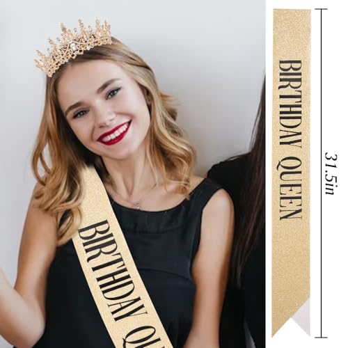 Bolonar Gold Crystal Birthday Crown for Women Birthday Queen Tiara with Combs Glitter Birthday Sash Happy Birthday Party Decorations Birthday Gifts