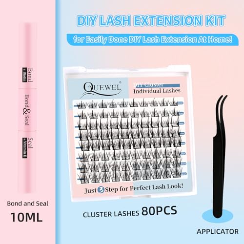 QUEWEL DIY Lash Extension Kit, Lash Clusters 80 Pcs, Lash Bond and Seal Glue Long-lasting and Waterproof with Cluster Lashes Applicator Tool for DIY Eyelashes Extensions (QD03-MIX10-14)