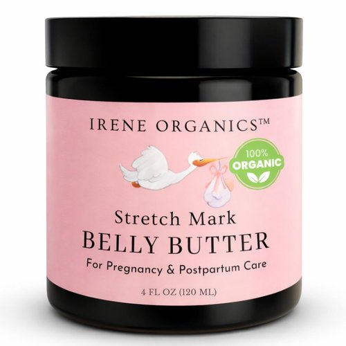 Irene Organics Organic Belly Butter - Award-Winning Stretch Mark Prevention & Treatment Balm 4oz | Hydrating Tummy Cream for Pregnancy & Postpartum