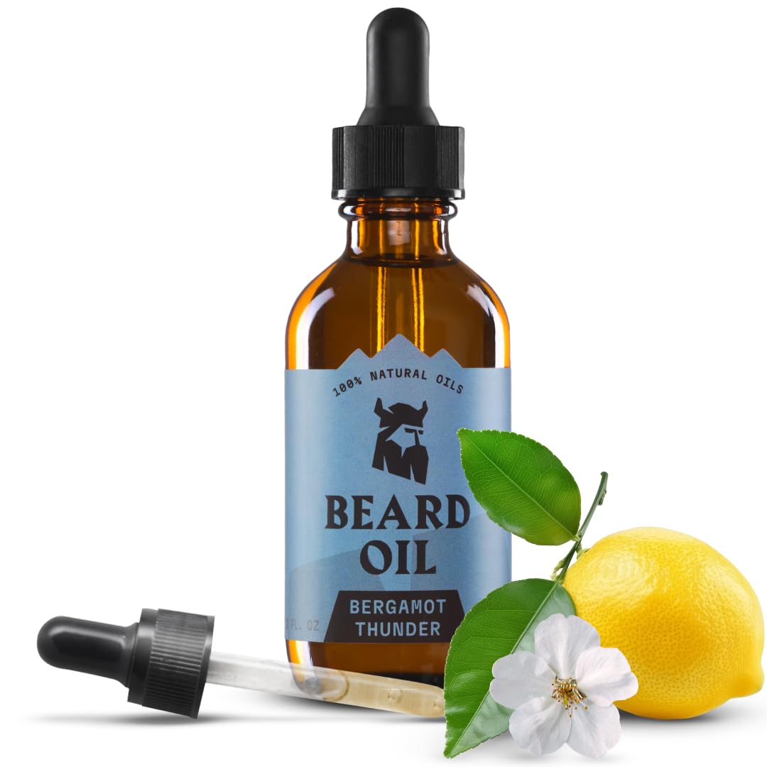 Striking Viking Beard Oil - Natural Conditioner with Almond, Tea Tree, Argan & Jojoba for Growth & Softening | 2 Fl Oz, Bergamot Thunder