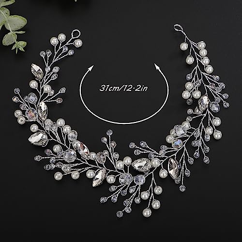 Teyglen Crystal Pearl Wedding Headband Bridal Rhinestone Blue Crystal Hair Vine Hair Accessories for Bride Handmade Black Blue Pink Red Beads Hair Pieces Boho Pearls Crystal Headpieces for Women Girl