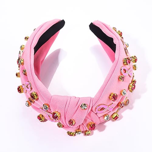 Pink Knotted Headband Sparkly Rhinestone Breast Cancer Awareness Knot Headband Crystal Jeweled Pink Ribbon Fright Beaded Twist Hairband Headpiece Breast Cancer Awareness Hair Accessories Gift for