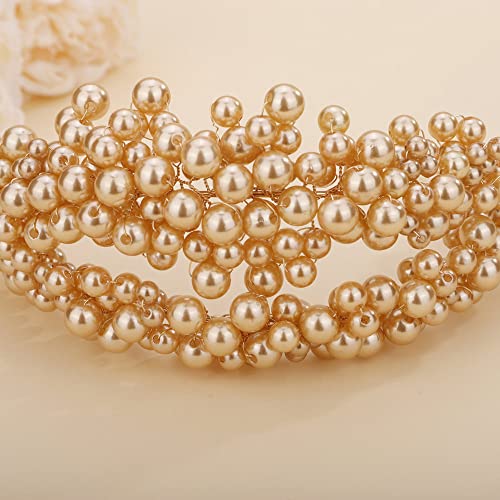 Teyglen Floral Pearl Bridal Tiara Crown - Beaded Hair Accessories for Women Bride Prom Birthday Party (Champagne)