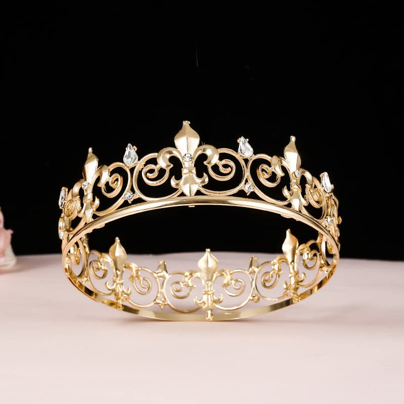 Royal Full King Crown Metal Crowns And Tiaras For Men Cosplay Prom Party Decorations Crown Headpieces Accessories (Gold)