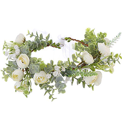 YnimioAOX Handmade Adjustable Flower Wreath Headband Halo Floral Crown Garland Headpiece,I21-milky white