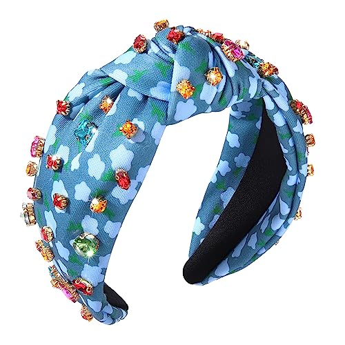 Crystal Knotted Headband for Women Colorful Rhinestone Jeweled Embellished Flower Printed Wide Top Knot Hairband Vibrant Floral Pattern Turban Hair Hoop Funny Gift for Ladies Girls Sister