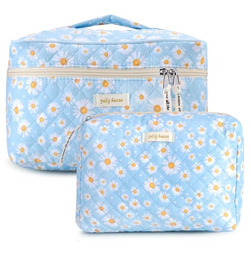 HBselect Quilted Makeup Bag, 3PCS Cotton Large Travel Makeup Bag, Cute Floral Coquette Make up Bag Cosmetic Bag Toiletry Bag for Women Girls