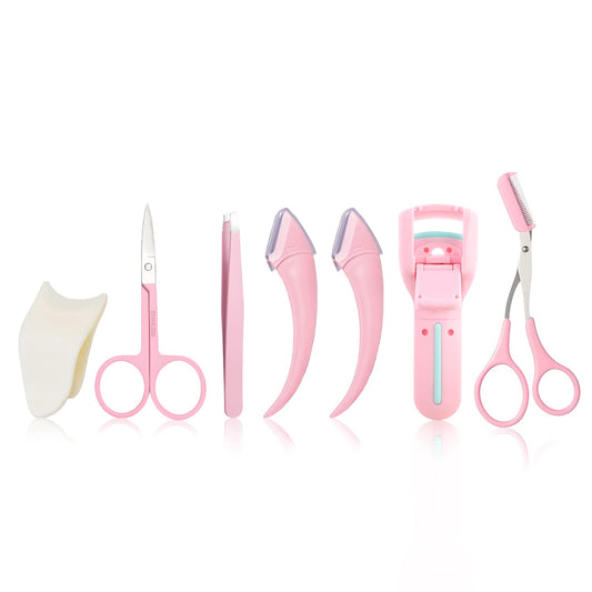 ONEUPIN 7-Piece Professional Eyebrow Grooming Kit with Razor, Tweezer, Eyelash Curler, False Eyelash Tool, Scissors, Comb - Women's Kit (Pink)