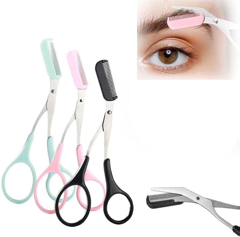 Mrkyy Upgraded Eyebrow Trimmer Scissors with Comb, 2 in 1 Eyebrow Trimmer Scissor,Curved Eye Brow Razor, Non-Slip Stainless Steel Eyebrow Scissor Trimmer, Beauty Gift for Men Women (Pink+Black+Green)