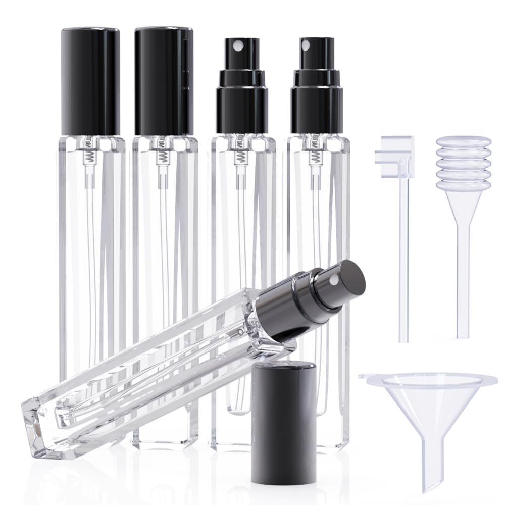 seafulee 5PCS Cologne Perfume Atomizer Empty,10ML Mini Perfume Bottles Refillable With Dispenser Tools, Pocket Perfume Spray Bottle for Travel and Sample Container (Transparent+black cap)