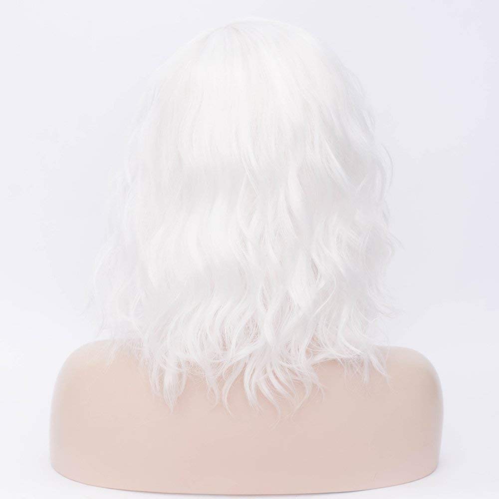 MAGQOO White Wig for Women Girls White Bob Wig Short White Wigs White Curly Wavy Wigs Side Part Synthetic Halloween Cosplay Costume Party Wigs