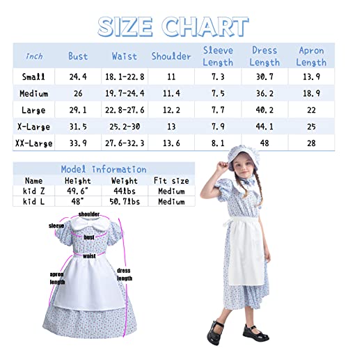 LTAKK Prairie Dresses Girls Pioneer Colonial Costume Girl Pilgrim Dress with Apron and Bonnet, Blue Plaid Floral, Small