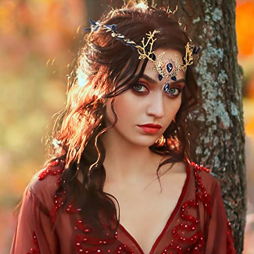 MOSTORY Handmade Black Moon Elf Crown - Woodland Fairy Headpiece Forest Flower Circlet Celtic Tiara for Women Witch Renaissance Halloween Cosplay Costumes