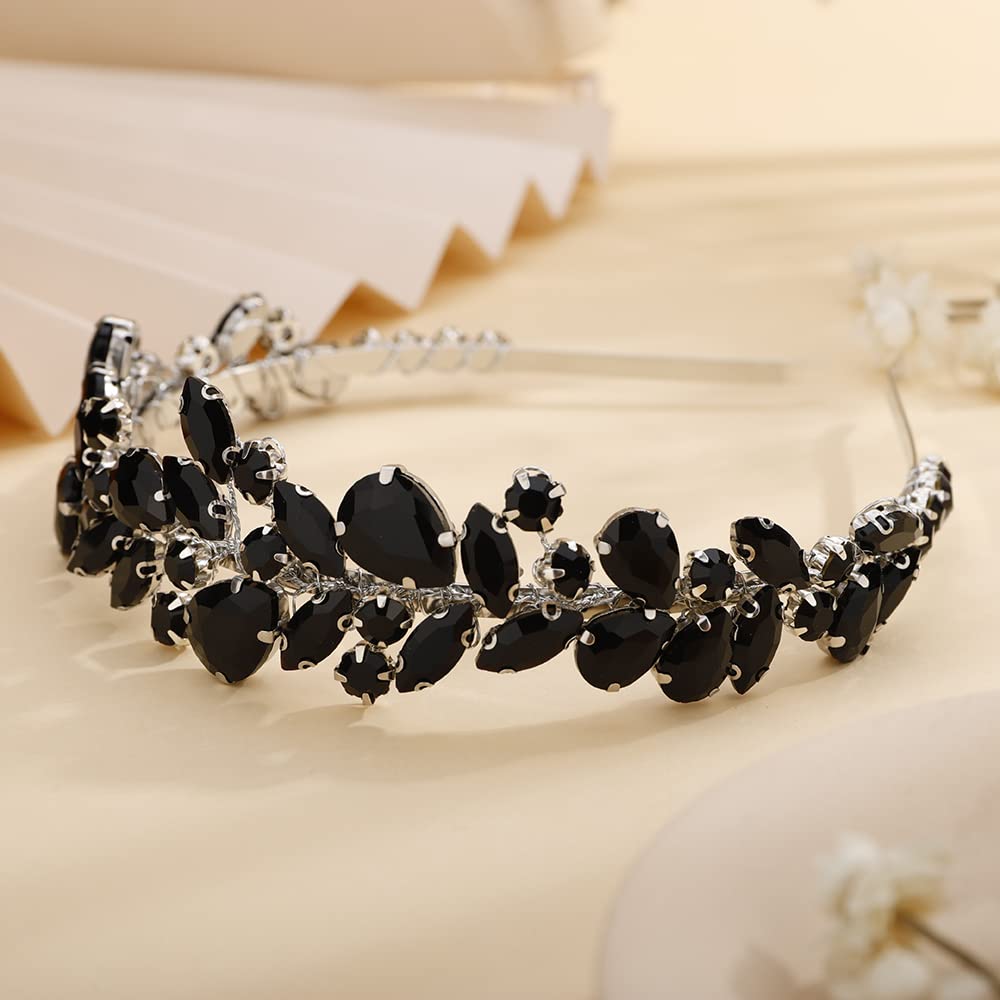 Teyglen Bridal Black Crystal Headband Handmade Crystal Rhinestone Hair Band Vintage Blue Black Red Headpieces Full Crystal Hair Hoop Wedding Hair Accessories for Women Bride Girl Party Prom