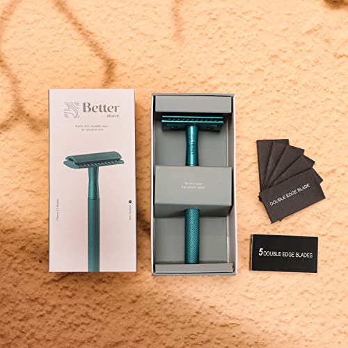 Bettershave Single Blade Razors for Women Set (Reusable metal handle + 5 blades) Safety Razor for Women Shaving Sensitive Skin on Body, Legs and Bikini area - Teal