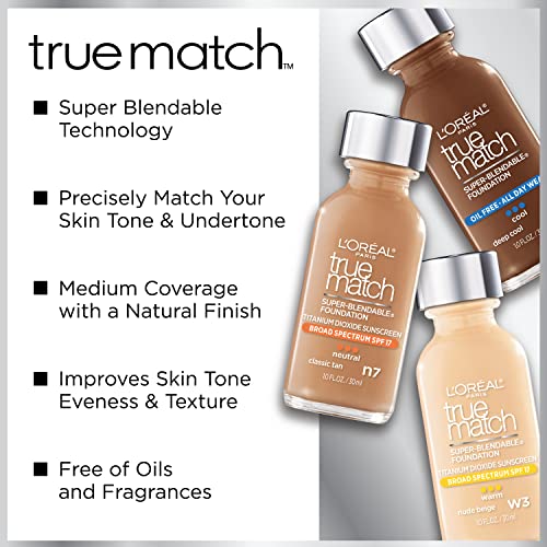 L'Oreal Paris Makeup True Match Super-Blendable Liquid Foundation, Suntan W5.5, 1 Fl Oz,1 Count