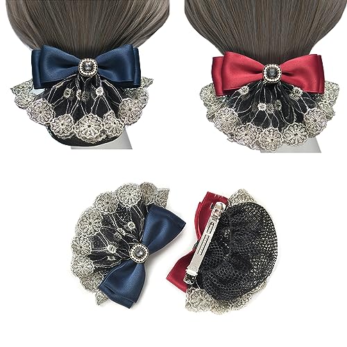 AsggBah 2pcs Hair Snood Net Barrettes with Bowknot Hair Clips with Thin Mesh Bun Cover for Women Ladies (Lace Red+Blue)