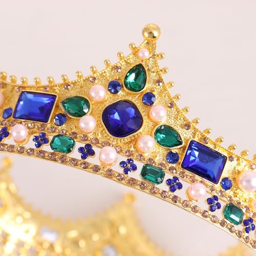 King Crystal Wedding Tiara Vintage Rhinestone Crown Hair Bands For Men Birthday Prom Pageant Hair Accessories (Gold With Blue Stone)