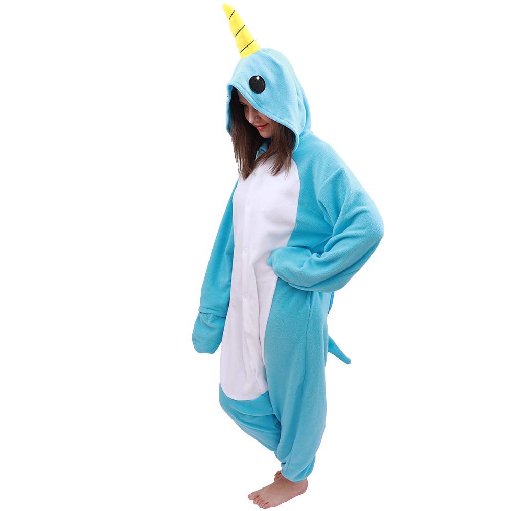 COCOPLAY W Adult Narwhal Onesie Animal Pajamas-Plush One Piece Halloween Cosplay Costume (Small, Blue)