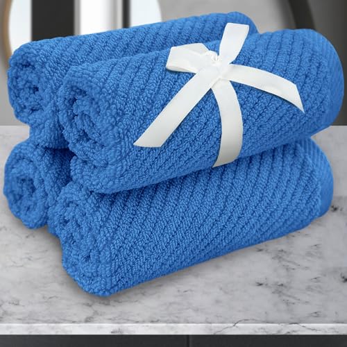 VOOVA & MOVAS Washcloths for Showering, Large 13" x 13" - 100% Cotton | Lightweight | Thick | Quick Dry | Soft | Absorbent, Hand Towels Set of 4, Wash Cloths for Bathroom, Luxury Towel Gift Set, Blue
