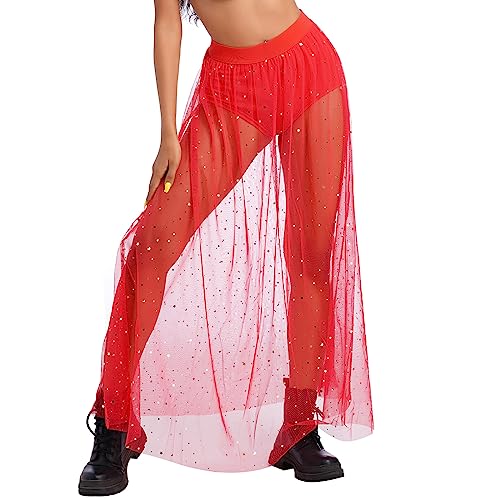 Women's Sheer Mesh 2 in 1 Glitter Sequin Elasticized High Waist A Line Party Maxi Skirt Sparkle Galaxy Sequin Tulle Cover ups Festival Outfits Costume Red S