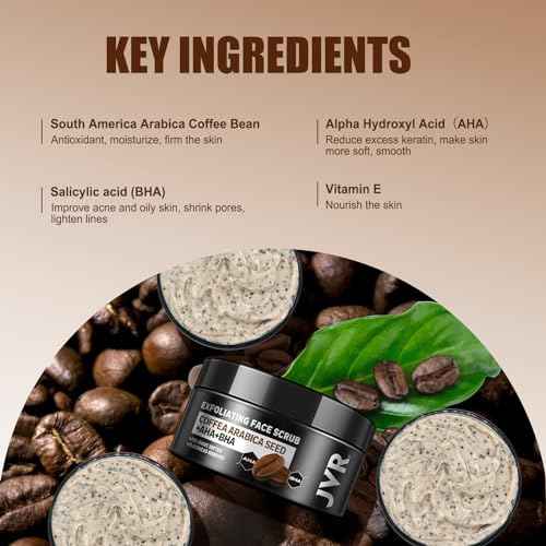 JVR Face Scrub for Men, Facial Scrub for Deep Exfoliating, Cleansing, Removing Blackheads, Ingrown Hair, Pre-shave Soften, Organic Formulated with Coffee Extract, AHA and BHA Face Exfoliator (4.23 oz)