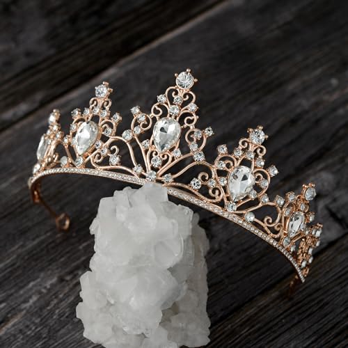 SWEETV Wedding Crowns for Women,Rose Gold Crystal Tiaras and Crowns for Women Girls,Rhinestone Princess Tiara Hair Accessories for Quinceanera Pageant Prom Bridal Wedding Prom Party