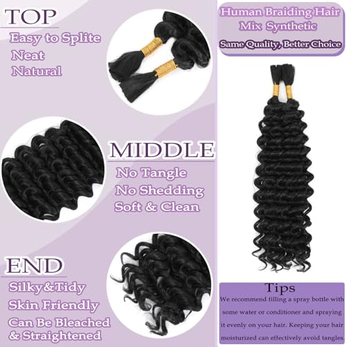 Human Braiding Hair Mix Synthetic Boho Hair for Braiding, 20 Inch Deep Wave Bulk for Boho Braids 2 Pcs Curly Bohemian Wet and Wavy Braiding Hair (1B, 18 Inch)