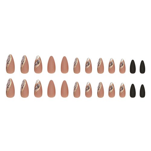 Almond Press on Nails Medium Fake Nails Nude False Nails with Designs Gold Glitter Line Glue on Nail Marble Full Cover Acrylic Nails Brown Matte Stick on Nail for Women 24 Pcs