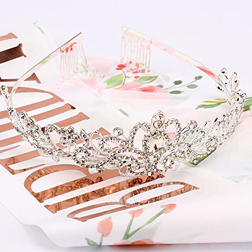 COCIDE Birthday Queen Sash & Rhinestone Tiara Set Silver Birthday Sash and Tiara for Women Birthday Decoration Kit Rhinestone Headband for Girl Glitter Crystal Hair Accessories for Party Cake Topper