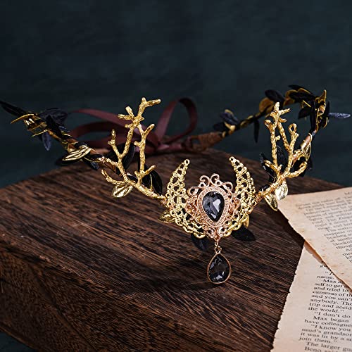 MOSTORY Handmade Black Moon Elf Crown - Woodland Fairy Headpiece Forest Flower Circlet Celtic Tiara for Women Witch Renaissance Halloween Cosplay Costumes