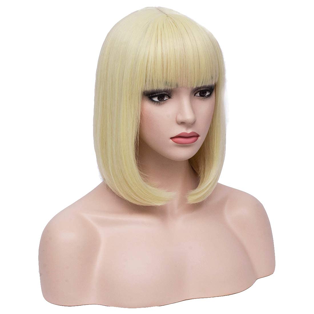 BERON 12 Inches Blonde Bob Wig Short Straight Blonde Wig with Bangs for Women Halloween Cosplay or Daily Use Wigs (Blonde)