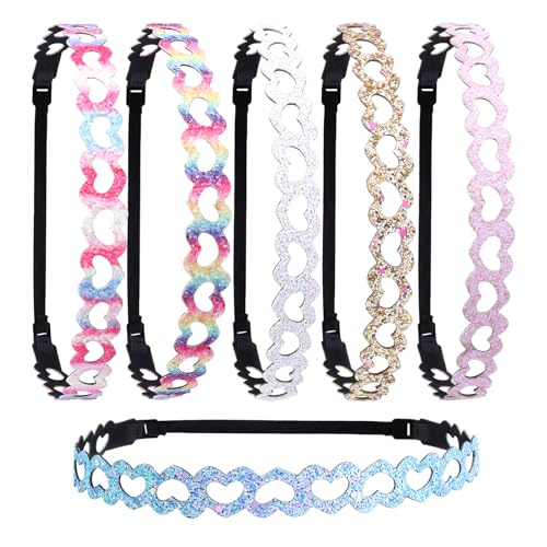 Santoddle 6 Glitter Headbands for Women, Adjustable Non Slip Thin Elastic Heart Hair Bands for Women Sparkly Bling Headband for Tweens