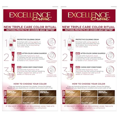 L'Oreal Paris Excellence Crème Permanent Hair Dye, Triple Care Hair Color with Hyaluronic Acid for 100% Gray Coverage, 6 Light Brown, 1 Kit (Pack of 2) (Packaging May Vary)