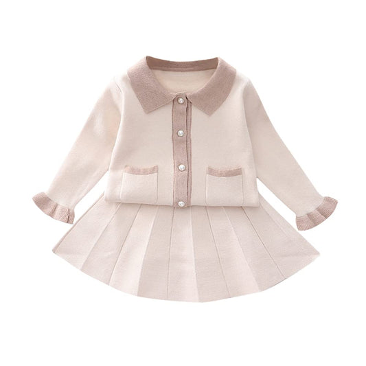 Toddler Girls Autumn Winter Fall Clothes Knit Long Sleeve Ruffle Sweater Top+Pleated Mini Tutu Skirt 2pcs Outfit for Kids Princess Casual Playwear Homewear Clothing Set Beige 4-5T