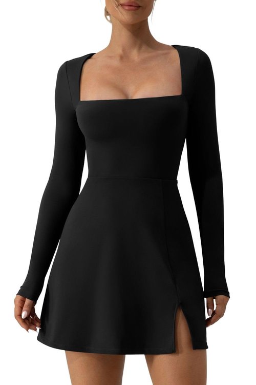 QINSEN Women's Long Sleeve Square Neck Mini Dress High Waist Party Club Outfit Black S