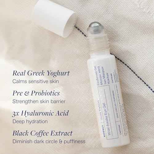 KORRES Greek Yoghurt Wide Awake Eye Gel Serum with Hyaluronic Acid and Caffeine for Dark Circles, Puffy Eyes and Under Eye Bags, Roller Massage Ball Applicator, Brightening and Hydrating, 0.51 fl oz