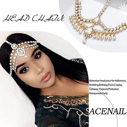 Acenail Rhinestone Head Chain Hair Jewelry Wedding Bride Headpieces Gold Headbands Women Head Jewelry Boho Hair Chains Bridal Halloween Hair Accessories (Splendid-Gold)