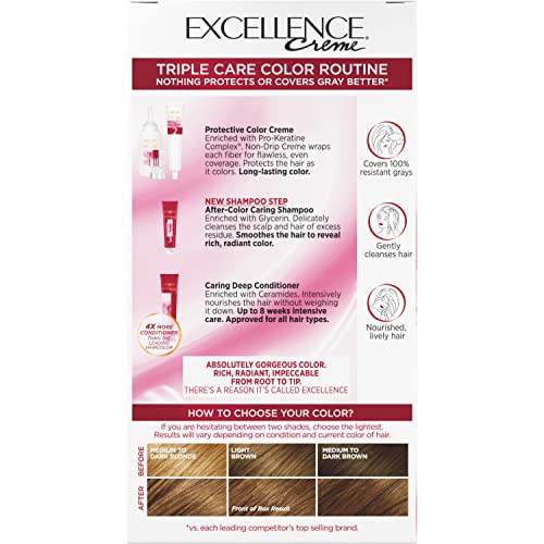 L'Oreal Paris Excellence Crème Permanent Hair Dye, Triple Care Hair Color with Hyaluronic Acid for 100% Gray Coverage, 6G Light Golden Brown, 1 Kit (Packaging May Vary)