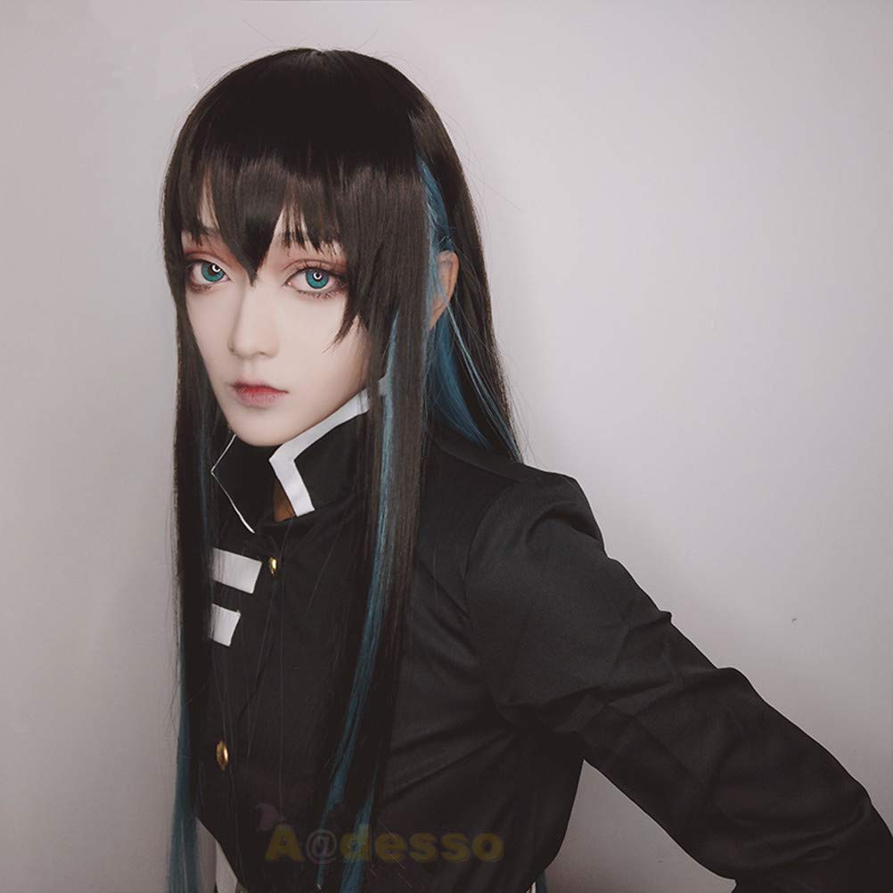 Aadesso Tokitou Muichirou Anime Demon 鬼滅 Kimetsu No Cosplay Black And Blue Gradient Long Straight Men Women Heat Resistant Synthetic Hair s