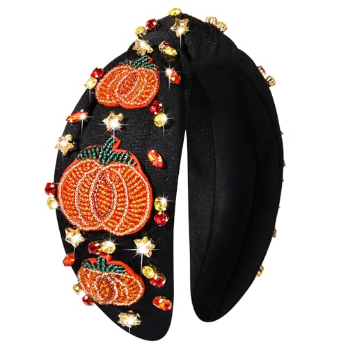 mokkia Thanksgiving Headband Fall Accessories for Women Beaded Turkey Maple Leaf Pumpkin Knotted Headband Jeweled Rhinestone Pearl Top Knot Headband Autumn Fall Outfit Gifts